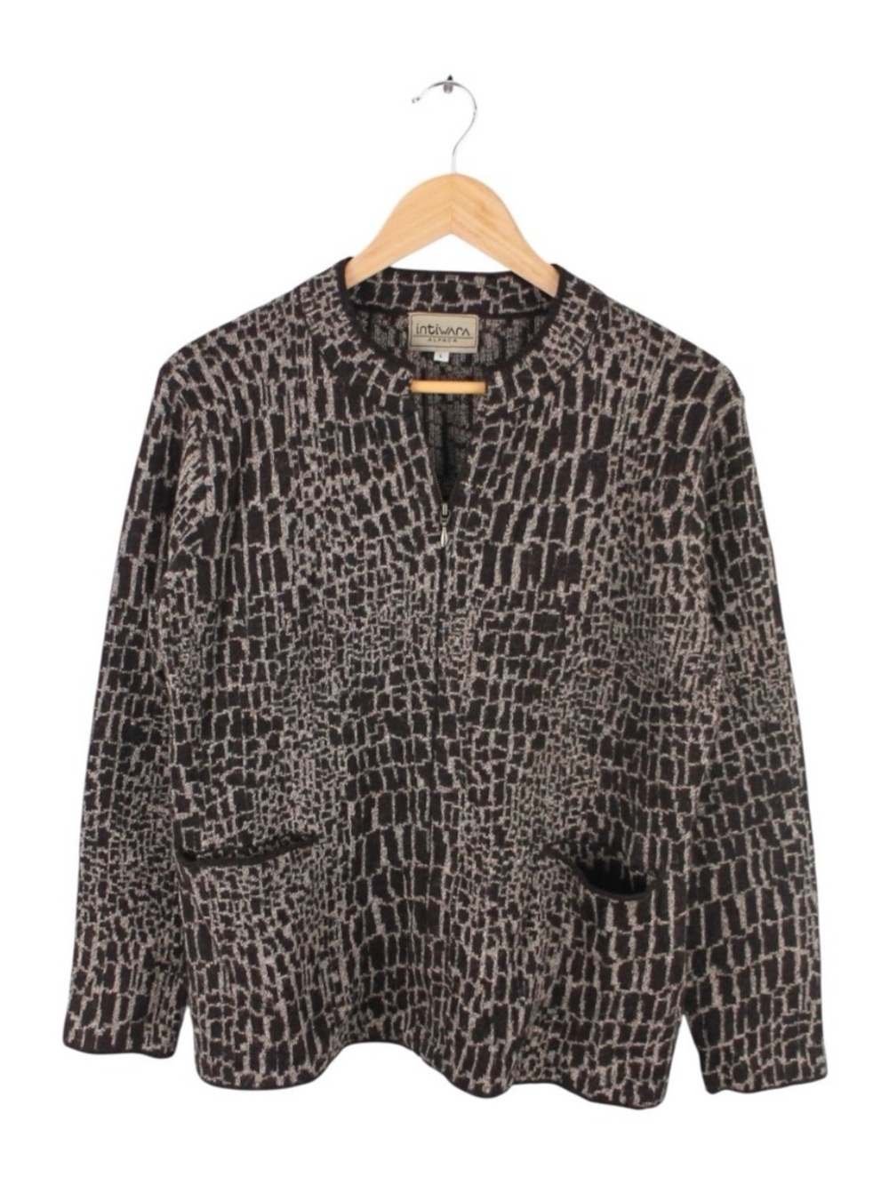 Intiwara Alpaca Full Zip Sweater Knit Brown Textured Pattern Women's Size Large